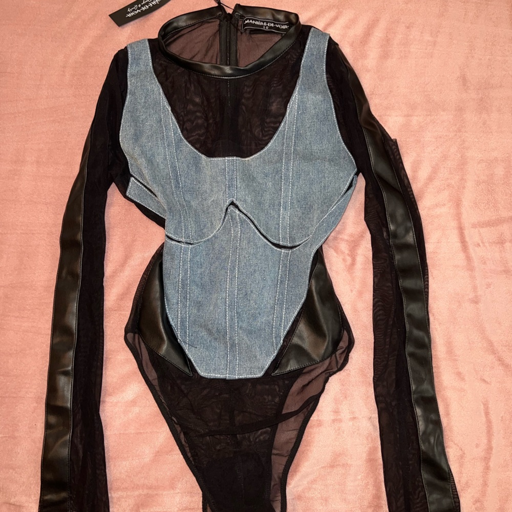 Maniere de voice denim mesh bodysuit